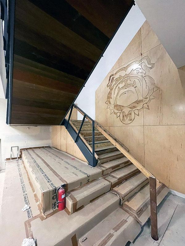 a bulldog carved into a stairway wall