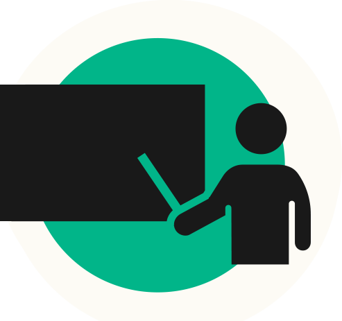 An illistration of a person at a chalkboard with a pointer 