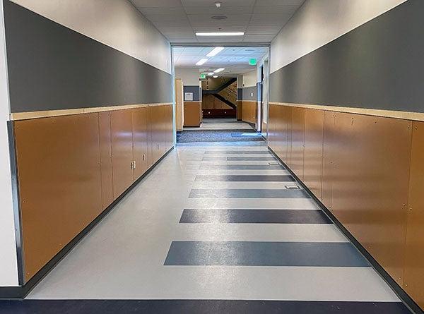 a hallway with open doors