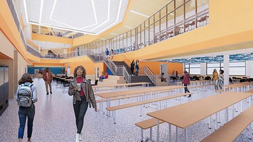 drawing of dining commons with lunch tables