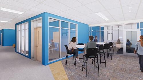 drawing of a small group area with a room next to it that has blue walls