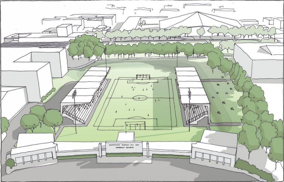 architect drawing of a large green sports field with covered seating in tiers on both sides set within a larger area with trees and a gated entrance